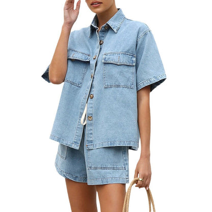 Women's Casual Loose Pockets Short-sleeved Shirt Denim Suits