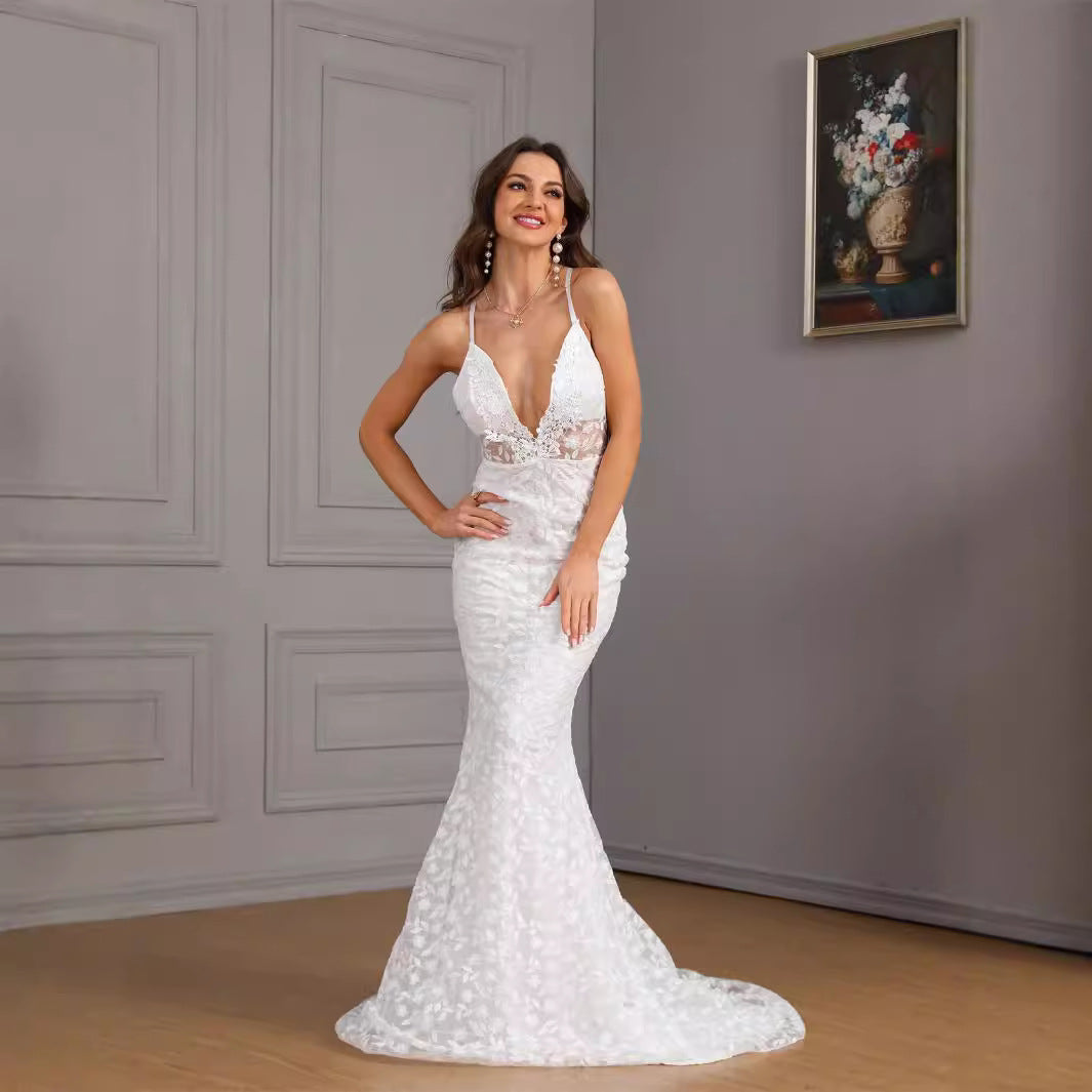 Women's Sexy Sleeveless Strap Trailing Slim Dress Wedding Dresses