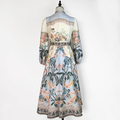 Sleeve Big Hem Positioning Printed Single Row Flower Beads Dresses