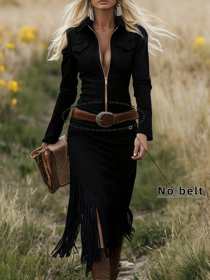 Western Denim Suede Tassels Long Sleeve Dresses