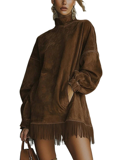 Women's Long-sleeved Solid Color Distressed Tassel Patchwork Sweaters