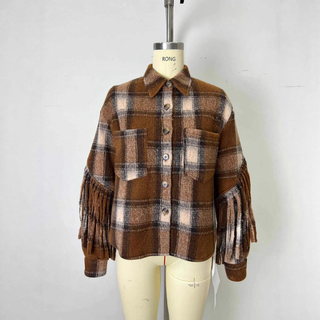 Plaid Slit Opening Tassel Wool Long Coats