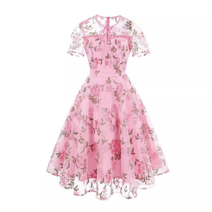 Women's Fashion Mesh Embroidered Dress Summer Sleeve Dresses