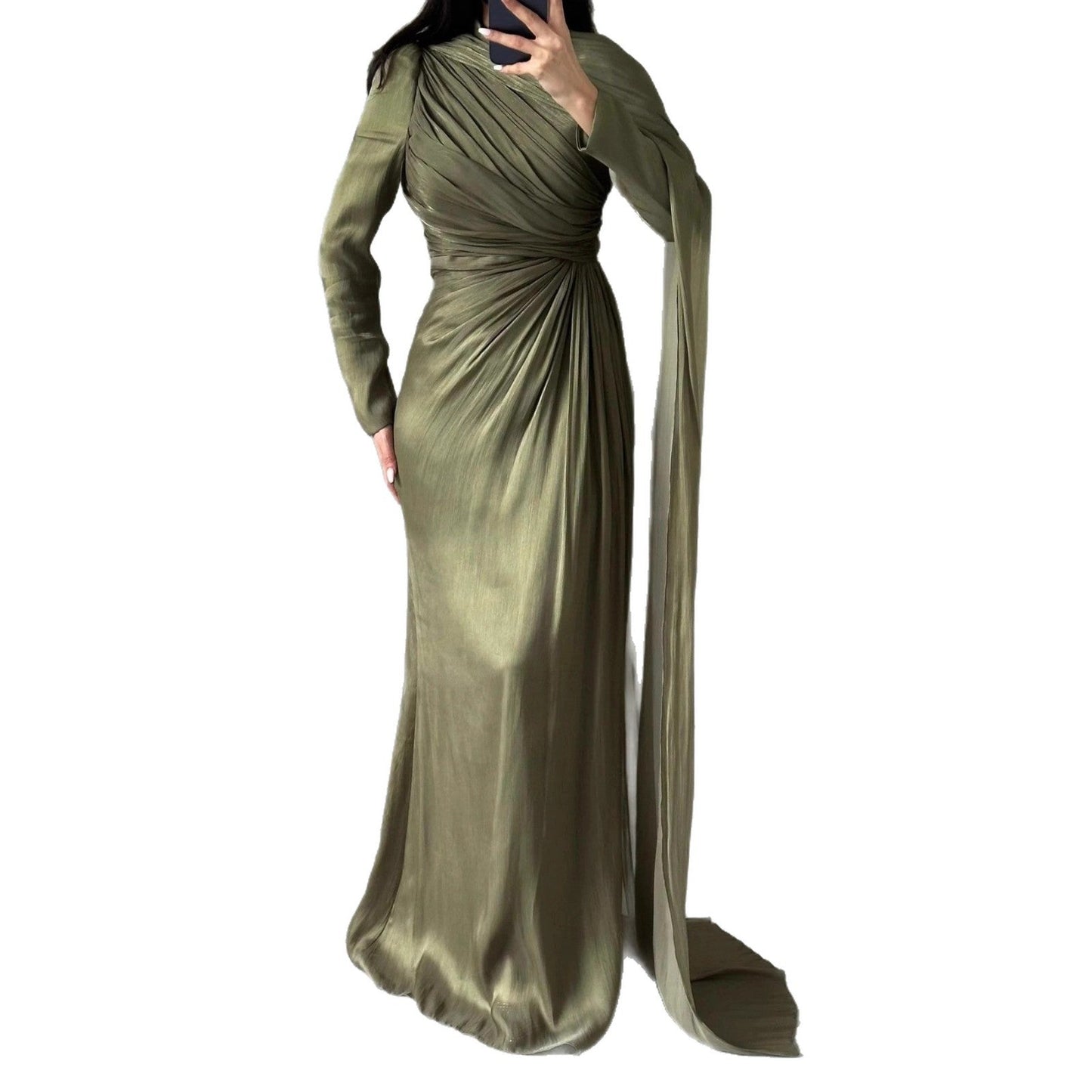 Women's Elegant Irregular Pleated Slim Green Dress Dresses