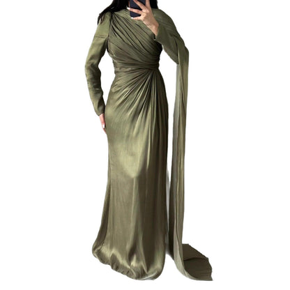 Women's Elegant Irregular Pleated Slim Green Dress Dresses