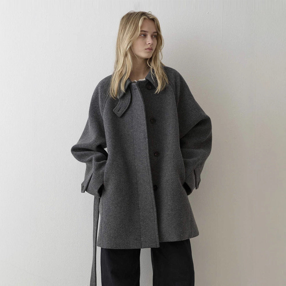 Women's Small Woolen Loose Slimming Stand Collar Coats