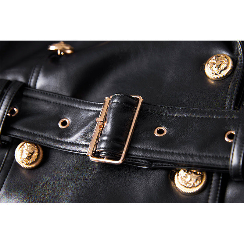 Leather Elegant Windbreaker Waist Trimming Below Coats