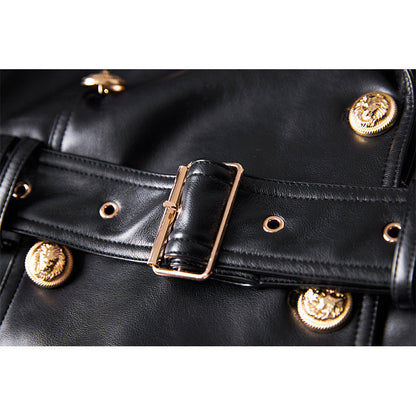 Leather Elegant Windbreaker Waist Trimming Below Coats