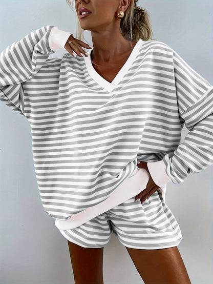 Women's Striped Casual Long-sleeved Elastic Waist Suits