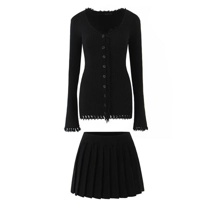 Women's Pure Gentle Knitted Two-piece Collar Burrs Tassels Waist Suits