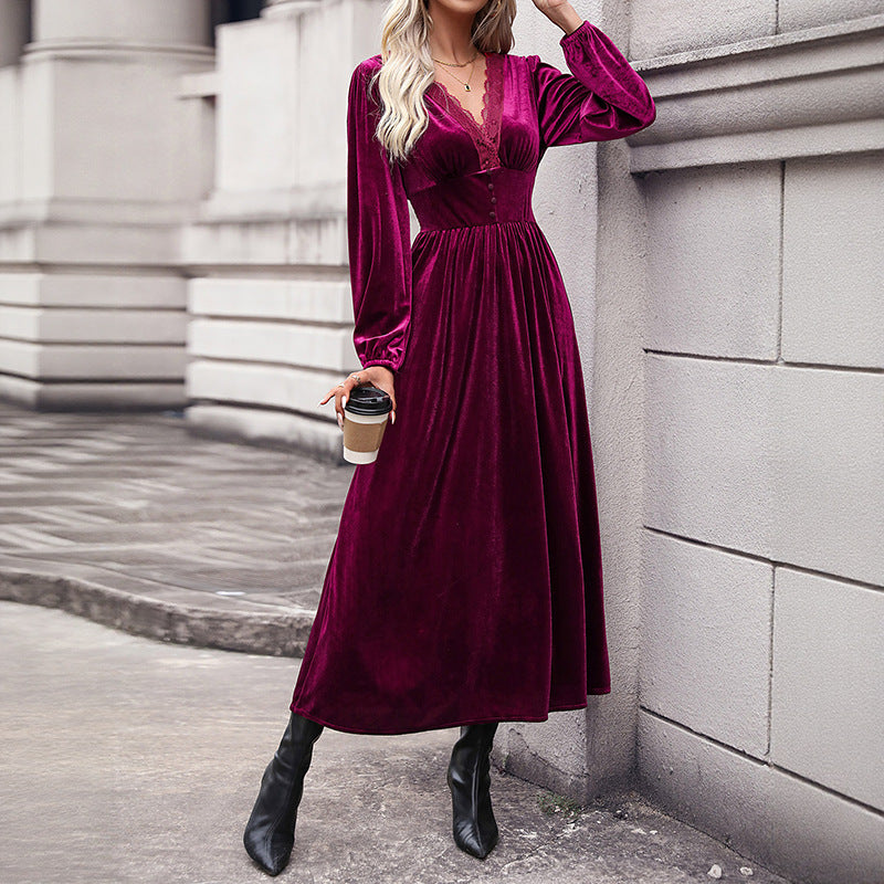 Classy Solid Color Veet Long-sleeved Dress Dresses