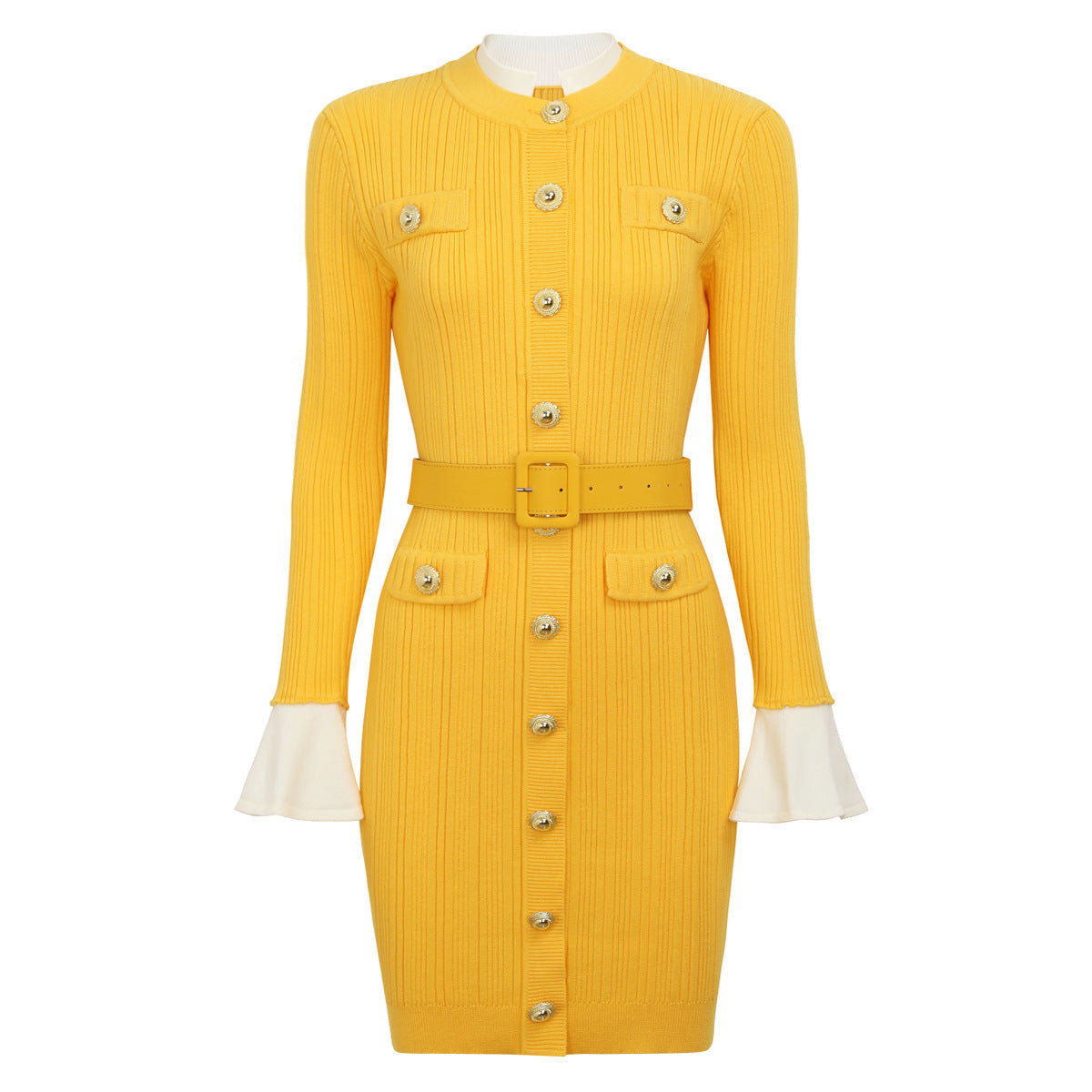 Long Sleeve Round Neck Belt Knitted Dresses