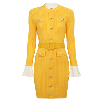Long Sleeve Round Neck Belt Knitted Dresses