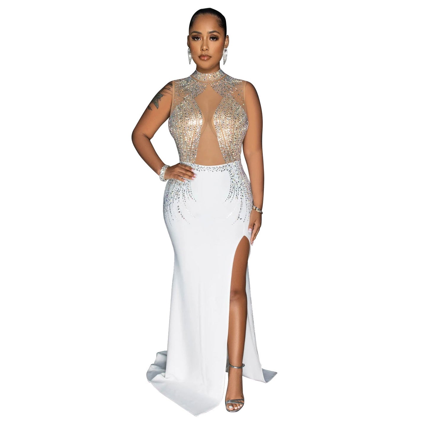 Women's Wear Pure Color Mesh Hot Drilling Split Dresses