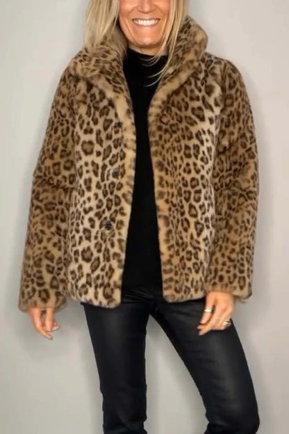 Women's Winter Fashionable Leopard Print Lapel Imitation Coats