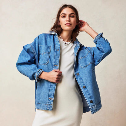 Women's Casual Versatile Pocket Side Slit Denim Jackets