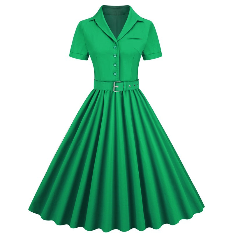 Women's Summer Retro Solid Color Wide Hem Dresses
