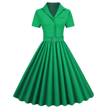 Women's Summer Retro Solid Color Wide Hem Dresses