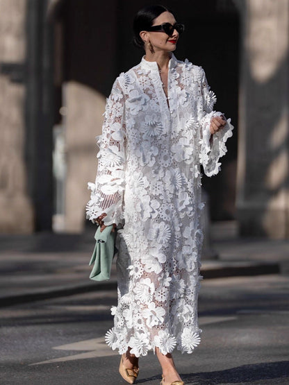 Women's Three-dimensional Flower Solid Color Long-sleeved Dress Dresses