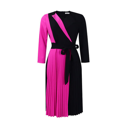 Women's Fashion Temperament Color Matching Bandage Pleated Dresses