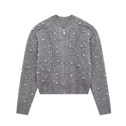 Trendy Autumn Decorated Pearls Knitted Bomber Jackets