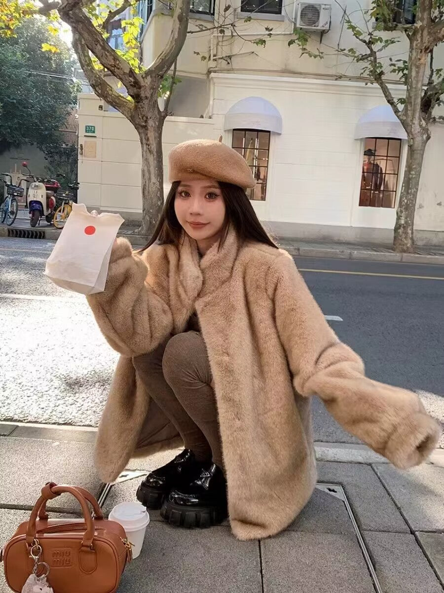 Women's Environmental Protection Artificial Plush Overcoat Mid-length Coats