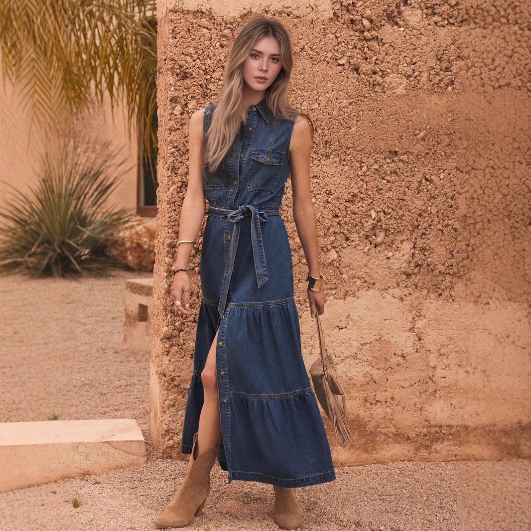 With Waist Design Single Row Long Dresses