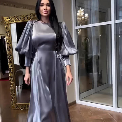 Women's Lantern Sleeve Long Satin Lace Up Dresses