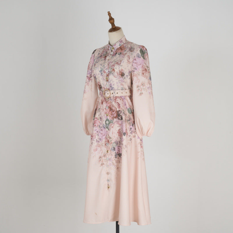 Style Stand-up Collar Puff Sleeve Single-breasted Positioning Dresses