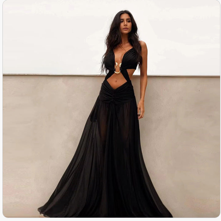 Temperament Western Style Mesh Camisole Long Dresses