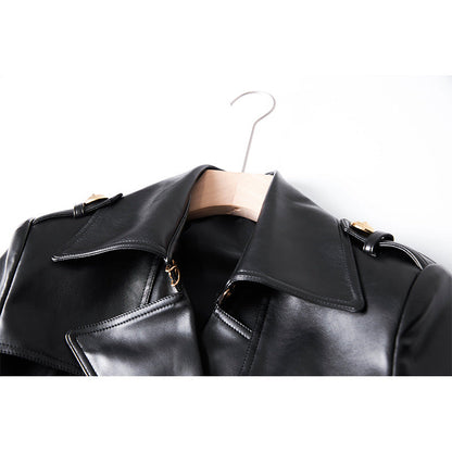 Leather Elegant Windbreaker Waist Trimming Below Coats