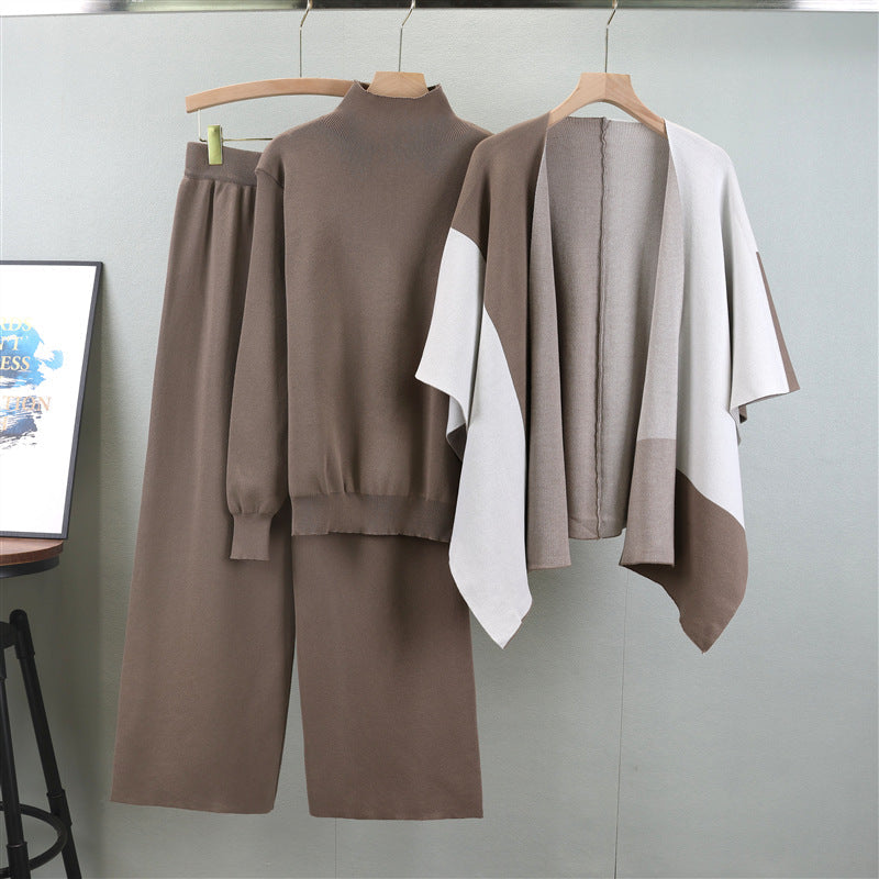 Women's Fashionable Knitted Color Matching Shawl Three-piece Suits