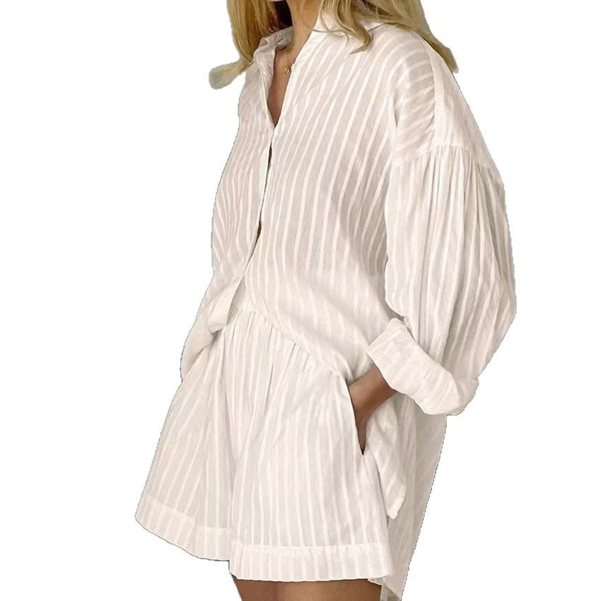 Women's Cotton Jacquard Striped Lapel Puff Sleeve Suits