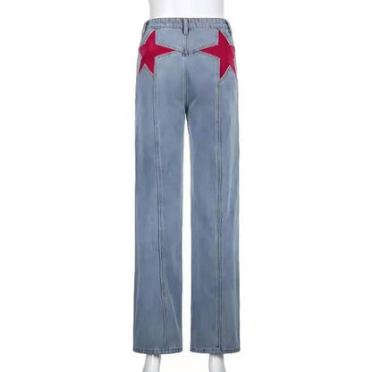 Spring Retro Back Contrast Color Trousers Jeans
