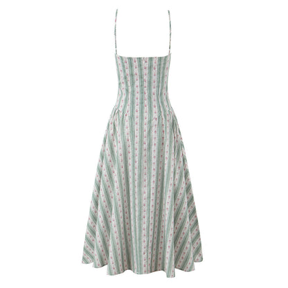 Women's Fashion Sweet French Green Striped Cotton Dresses