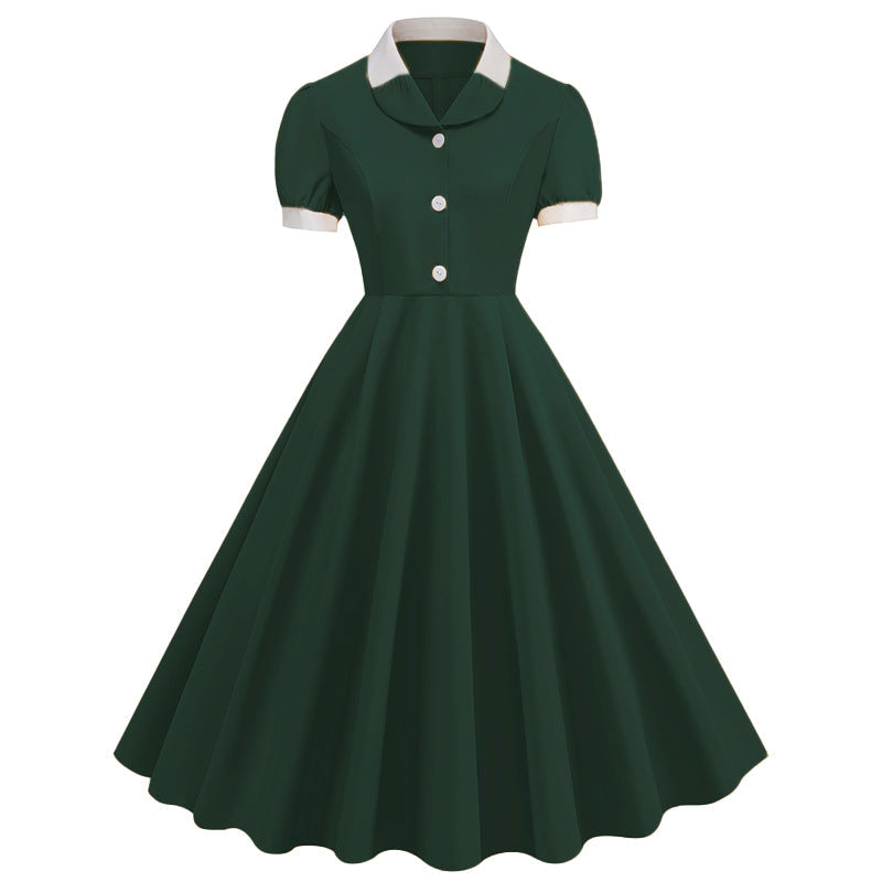 Patchwork Waist Trimming Short-sleeved Retro Hepburn Dresses