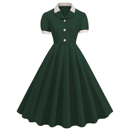 Patchwork Waist Trimming Short-sleeved Retro Hepburn Dresses