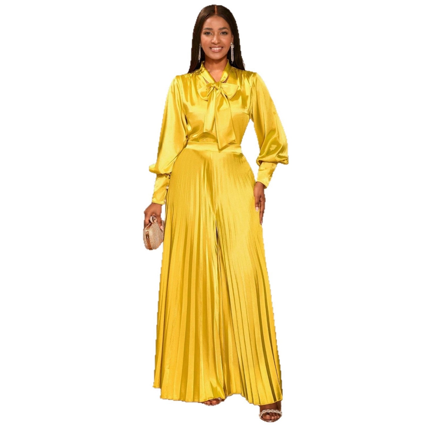 Bow Long Sleeve Elegant Pleated Wide Suits