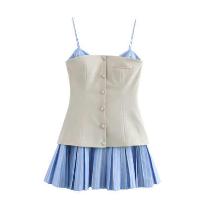 Spring Poplin Stitching Pleated Hem Slip Dresses