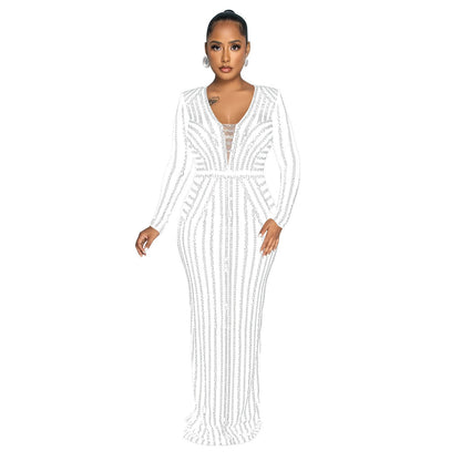 Women's Fashion Wear Solid Color Hot Drilling Long Dresses