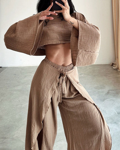 Women's Cotton Linen Fashion Loose Trousers Two-piece Suits