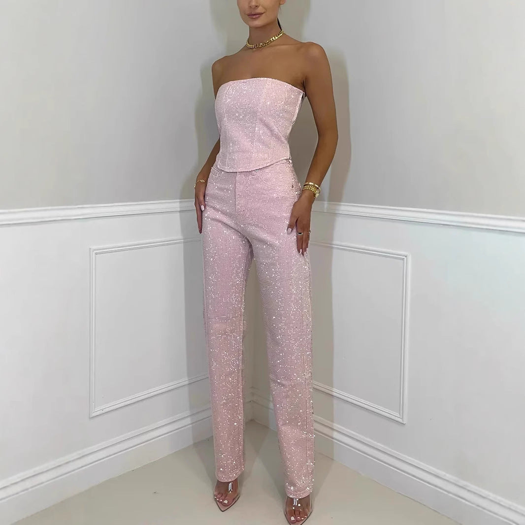 Women's Sexy Shiny Diamond Trousers Two-piece Set Suits