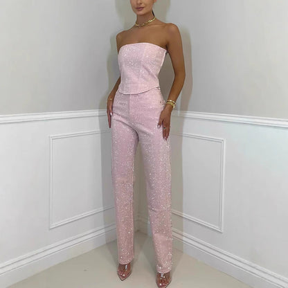 Women's Sexy Shiny Diamond Trousers Two-piece Set Suits