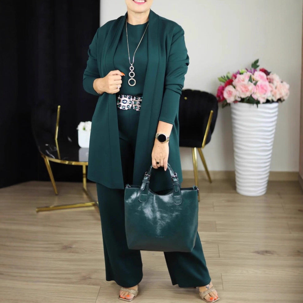 Women's Color Round Neck Long Sleeve Belt Suits