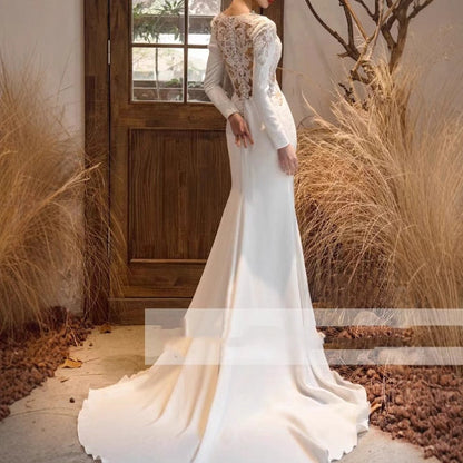 Neck Lace Long Sleeve Satin Slim Wedding Dresses