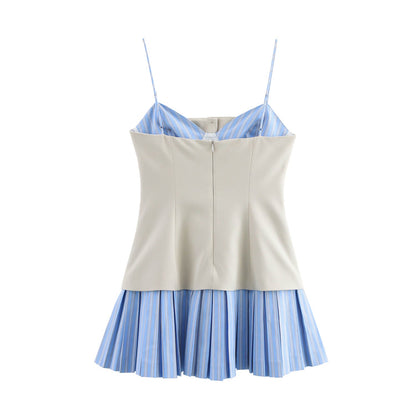 Spring Poplin Stitching Pleated Hem Slip Dresses