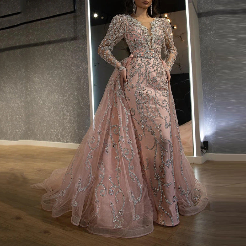 Spring Sexy Hip Tail Long Dress Pink Sequin Wedding Dresses