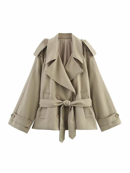 Women's Loose Casual Polo Collar Lacing Mid-length Coats