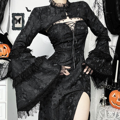 Women's Frill Jacquard Dark Style Elegant Tied Cardigans