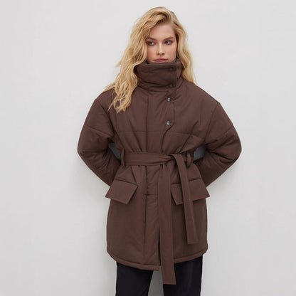 Stand-up Collar Temperament Belt Irregular Mid-length Coats
